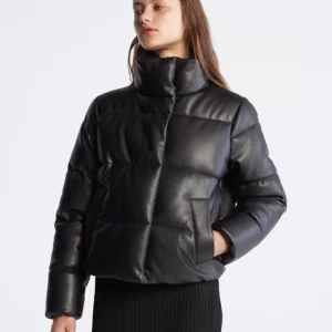 Black Puffer Leather Jacket for Women's