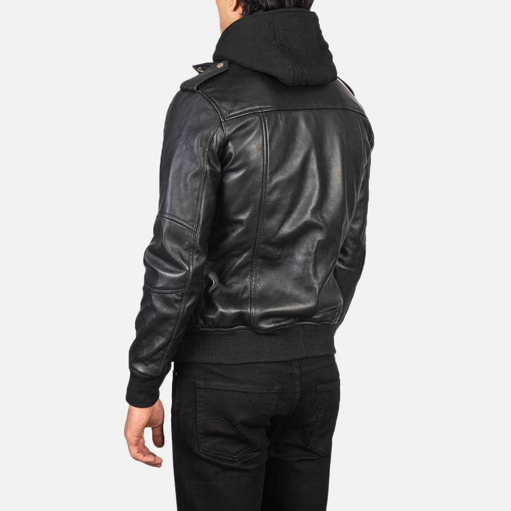 Black Hooded Leather Jacket For Men's